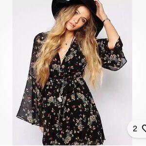 Free People Lilou Floral V Neck Bell Sleeve Mini Dress Small